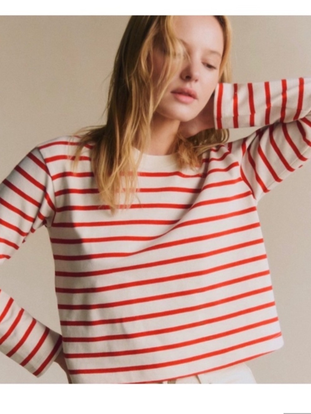 Sezane Eline Meriniere Red Stripe Crewneck Long Sleeve Crop Top S